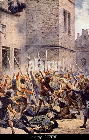 Die ersten Defenestration von Prag beteiligt die Tötung von sieben Mitglieder des Stadtrates von einer Schar von radikalen Hussiten Stockfoto