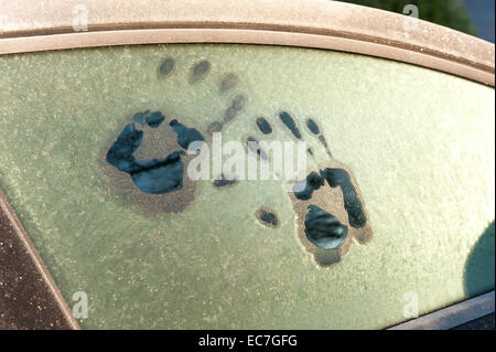 Hand wie Foot print druckt geschmolzene Frost auf Fenster Auto Idee gefangen im Inneren Überlebenden Kältewelle fordert Hilfe Sonnenaufgang Stockfoto