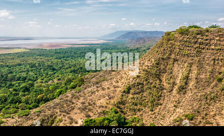 Blick über Ngorongoro Conservation Area mit Lake Magadi in Tansania, Ostafrika. Stockfoto