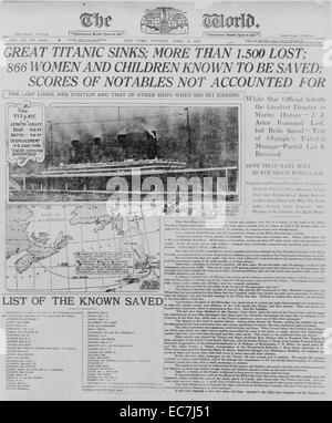 Foto von der Vorderseite der Welt Dachverkleidung der Untergang der Titanic im Jahr 1912. RMS Titanic war ein britisches Passagierschiff, das in den Nordatlantik nach einer Kollision mit einem Eisberg während ihrer Jungfernfahrt von Großbritannien nach New York City sank. Stockfoto