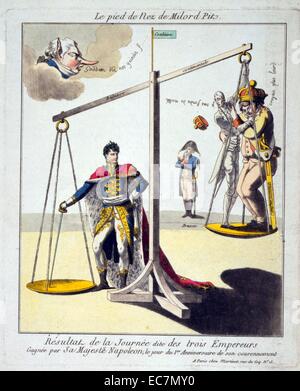 Le Pied de Nez de Milord Grube. Cartoon zeigt Napoleon I, tragen Lorbeerkranz und Hermelin Robe, drücken eine Seite einer Skala mit seinem Schwert, welche Lifte zwei verängstigte Monarchen, auf der anderen Seite, über dem Boden; im Hintergrund steht ein Vertreter von Preußen, und in der linken oberen Ecke ist eine Karikatur von William Pitt. Stockfoto