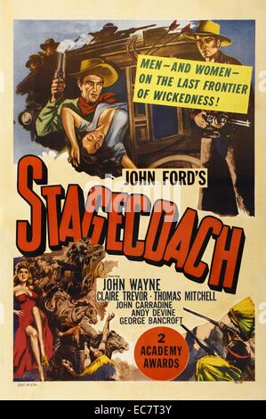 Stagecoach ist ein 1939 amerikanischen Western Film unter der Regie von John Ford, starring Claire Trevor und John Wayne in seinen Durchbruch Rolle. Das Drehbuch, geschrieben von Dudley Nichols und Ben Hecht, ist eine Adaption von "Die Bühne Lordsburg", ein 1937 Kurzgeschichte von Ernest Haycox. Der Film folgt einer Gruppe von Fremden reiten auf einer Postkutsche durch gefährliche Apache Gebiet. Stockfoto