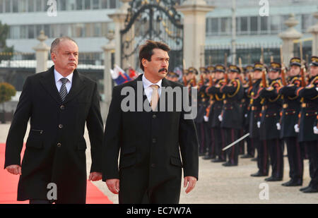 Ungarischen Staatspräsidenten Janos Ader (rechts) offizielle Besuche Slowakei und slowakische Präsident Andrej Kiska (links) vor Präsidentenpalast in Bratislava, Slowakei, am 10. Dezember 2014 trifft. (CTK Foto/Jan Koller) Stockfoto