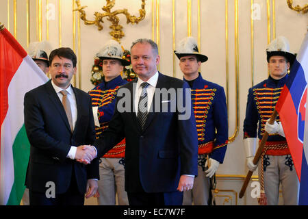 Der ungarische Präsident Janos Ader (links) schüttelt Hand mit slowakische Präsident Andrej Kiska (rechts) im Präsidentenpalast in Bratislava, Slowakei, am 10. Dezember 2014. (CTK Foto/Jan Koller) Stockfoto