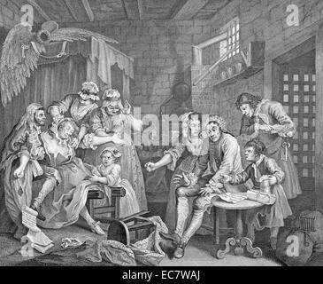 Platte 7 von The Rake's Progress. Platte in einer Serie von acht des 18. Jahrhunderts englischen Künstler William Hogarth. 1735. Die Serie zeigt den Niedergang und Fall des Tom Rakewell; die Zecher Sohn und Erben von einem reichen Kaufmann; wer kommt nach London; Abfälle all sein Geld auf luxuriösen Leben; Prostitution und Glücksspiel; und als Konsequenz ist in der Flotte, Gefängnis und schließlich Bethlem Krankenhaus; oder Bedlam Stockfoto