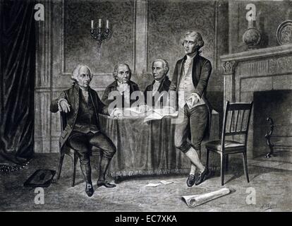 Staats-und Regierungschefs der Kontinentalkongress John Adams, Gouverneur Morris, Alexander Hamilton und Thomas Jefferson an Tisch. Stockfoto