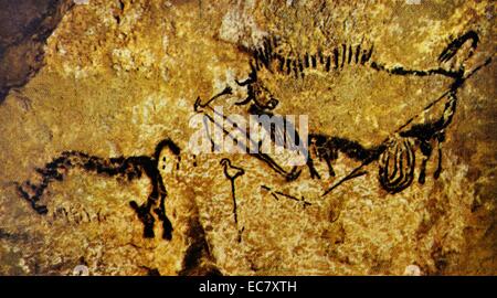 Detail einer Höhlenmalereien in Lascaux, Frankreich. Verwundeter Bison, Verwundeten und wollig Nashorn, Franco-Cantabrian, frühester Oberen Altsteinzeit, 3,000,000-9000 BCE. Stockfoto