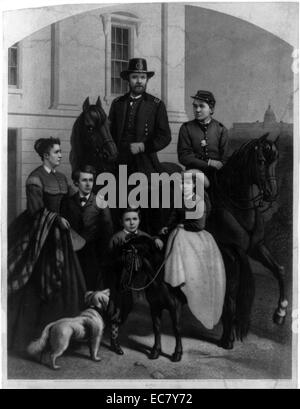 General Grant & seiner Familie. Drucken zeigt Präsident Ulysses S. Grant (1822-1885) auf einem Pferd mit seiner Familie gestellt, ein Sohn auf einem Pferd sitzt, und das Tragen einer Uniform, eine Tochter auf ein Pony sitzt, und seine Frau und seine beiden Söhne stehen auf der mit einem Hund außerhalb des Weißen Hauses links, mit dem U.S. Capitol im Hintergrund. Stockfoto