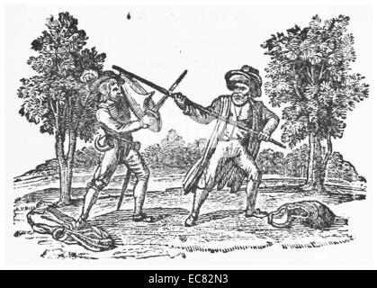 Eine Illustration der legendären Figur Robin Hood, basierend auf einer historischen Interpretation aus dem Jahr 1795. Diese Darstellung zeigt den berühmten Gesetzlosen, der oft mit Sherwood Forest in Verbindung gebracht wird und bekannt ist für seine Rolle beim Raub von Reichen, um sie den Armen zu geben. Stockfoto