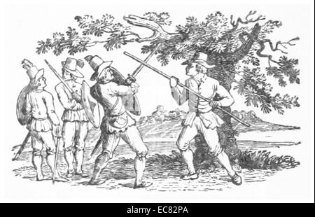 Eine Illustration aus dem Jahr 1795 mit der legendären Figur Robin Hood, dem Gesetzlosen Helden der englischen Folklore. Dieses Bild fängt Robin Hoods Rolle in der mittelalterlichen englischen Geschichte ein. Stockfoto