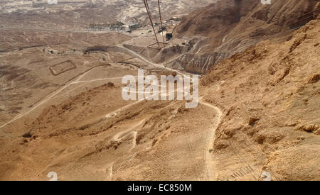 Reste der römischen Forts; umliegende Masada. Masada ist eine alte Festung im südlichen Bezirk von Israel auf eine isolierte Felsplateau am Rande der Judäischen Wüste gelegen; mit Blick auf das Tote Meer. Nach Josephus; die Belagerung von Masada durch Truppen des Römischen Reiches gegen Ende des Ersten Jewish-Roman Krieg endete in den Massenselbstmord der 960 Sikarier Rebellen und ihre Familien dort versteckt. Stockfoto