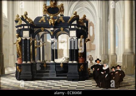 Gemälde der Darstellung einer Familie neben dem Grab von Prinz William, die ich in der Nieuwe Kerk, Delft. Gemalt von Dirck van Delen (1604-1671). Vom 17. Jahrhundert Stockfoto