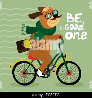 Hipster-Plakat mit Nerd Hund Reiten Fahrrad-Vektor-illustration Stock Vektor