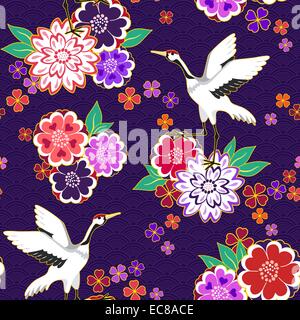 Dekorative Kimono Blumenmotiv Hintergrundmuster mit Kran und Blumen Vektor-illustration Stock Vektor