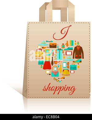 Großen Carry Papier Verkauf Einkaufstasche Entwurfsvorlage mit Liebe Herz Kleidung Accessoires Symbol Vektor-illustration Stock Vektor
