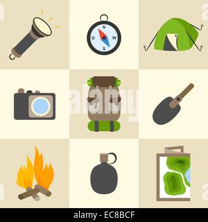 Im freien Tourismus camping bunte Icons Set Kompass Karte Zelt und Rucksack isoliert Vektor-illustration Stock Vektor