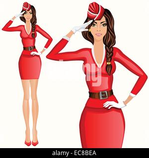 Junge attraktive langbeinige Flugbegleiterin Stewardess in roten Uniform salutieren, Vektor-illustration Stock Vektor