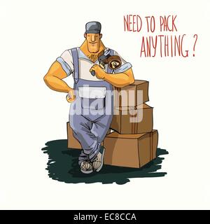 Muskuläre Lieferung Service Arbeitnehmer mit Kartons und Klebeband-Spender-Plakat-Vektor-illustration Stock Vektor