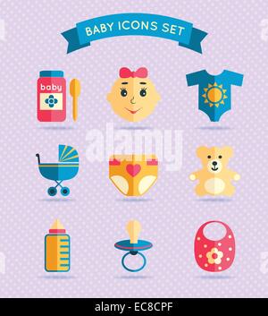 Dekorative Baby Kind Icons set mit Essen Löffel Tuch Kinderwagen Windel Vektor-Illustration. Stock Vektor