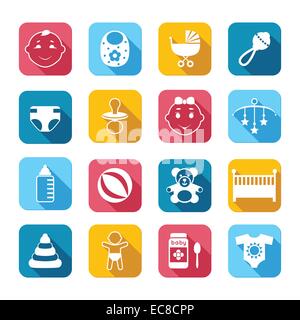 Baby Kind Icons set mit Kleidung Essen Spielzeug Kutsche Bett Kinderbett Vektor-illustration Stock Vektor