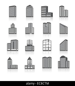 Business Center Stadt Gebäude Gebäude schwarze Silhouetten auf weiße Piktogramme Symbole stellen isolierte Vektor-illustration Stock Vektor