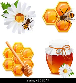 Honig essen dekorative Symbole set mit Daisy Hummel Waben isoliert Vektor-illustration Stock Vektor