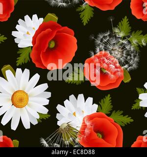 Lebendigen Blumen Mohn Blumen Löwenzahn und Gänseblümchen Musterdesign auf dunklem Hintergrund-Vektor-illustration Stock Vektor