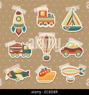Spielzeug-Transport, farbige Karikatur Aufkleber set mit LKW Aerostat Auto isoliert Vektor-illustration Stock Vektor