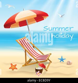 Sommerurlaub am Strand Hintergrund Poster mit Stuhl Seestern und cocktail Vektor-illustration Stock Vektor