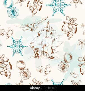 Meer Vintage nahtlose Muster mit Segeln Schiff Anker Möwen Vektor-illustration Stock Vektor