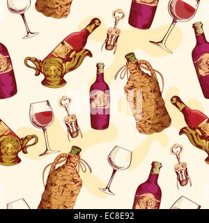 Wein Jahrgang Musterdesign mit Glas Flasche Korkenzieher Vektor-illustration Stock Vektor