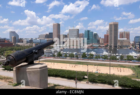 Baltimore Inner Harbor in Maryland wie aus der Kanone auf Federal Hill zu sehen. Stockfoto