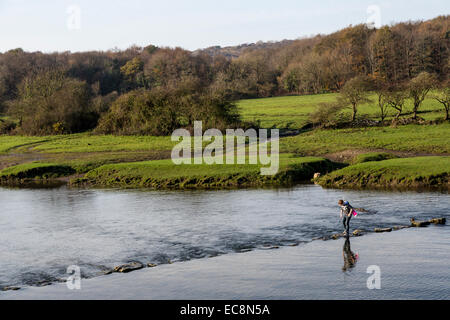 Junge Kreuzung Fluß auf Trittsteine, Ogmore, Wales, UK Stockfoto