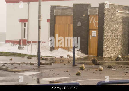 Portrush, Nordirland, Vereinigtes Königreich. 10. Dezember 2014. Das Meer wirft Trümmer auf der Straße in Nordirland Lansdowne Halbmond Portrush. Die intensiven Gewitter oder Wetter Bombe verursacht wurde durch einen raschen Rückgang der Druck (mehr als 24 Millibar in 24 Stunden). Bildnachweis: Brian Wilkinson/Alamy Live-Nachrichten Stockfoto