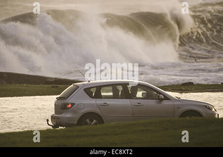 Portrush, Nordirland, Vereinigtes Königreich. 10. Dezember 2014. Autofahrer verhandelt vorsichtig am Lansdowne Halbmond Portrush Überschwemmungen. Die intensiven Gewitter oder Wetter Bombe verursacht wurde durch einen raschen Rückgang der Druck (mehr als 24 Millibar in 24 Stunden). Bildnachweis: Brian Wilkinson/Alamy Live-Nachrichten Stockfoto