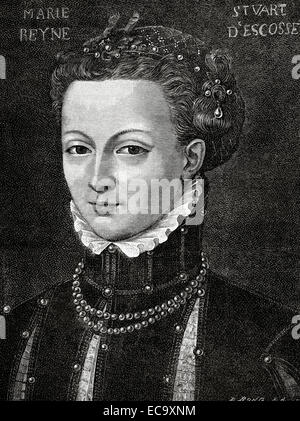 Mary, Königin von Schottland (1542-1587). Königin von Schottland und Gemahl der Königin von Frankreich. Kupferstich von R. Bong. Historia Universal, 1885. Original-Portrait von F. Clouet (16. Jahrhundert). Stockfoto