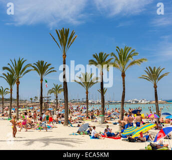 Voller Strand, Playa de Palma, Bucht von Palma, Mallorca, Balearen, Spanien Stockfoto