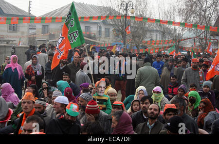 Srinagar, Kaschmir. 11. Dezember 2014. Srinagar, 11 Dezember, Anhänger der Bhartia Janta Partei (BJP) hören Amit Shah Rede im Wahlkampf rally in Srinagar, Indien kontrollierten Kaschmir, Mittwoch, Finale zwei Phasen von den fünf Phasen Landtagswahlen von Jammu und Kaschmir findet am Dezember 14 und 20. Bildnachweis: Sofi Suhail/Alamy Live-Nachrichten Stockfoto