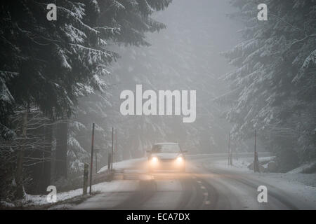 Sankt Englmar, Bayern, Deutschland. 11. Dezember 2014. Ein Auto fährt durch den verschneiten Wald in der Nähe von Sankt Englmar, Bayern, Deutschland, 11. Dezember 2014. Foto: ARMIN WEIGEL/Dpa/Alamy Live-Nachrichten Stockfoto