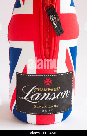 Union Jack-Hülse auf Flasche Champagner Lanson Black Label Brut mit Reißverschluss Stockfoto