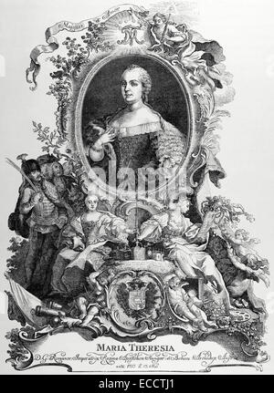 Maria Theresia (1717-1780), Erzherzogin von Deutschland, Königin von Ungarn und Böhmen. Porträt. Kupferstich von de Petit, 1743. Kupferstich von Germania, 1882. Stockfoto