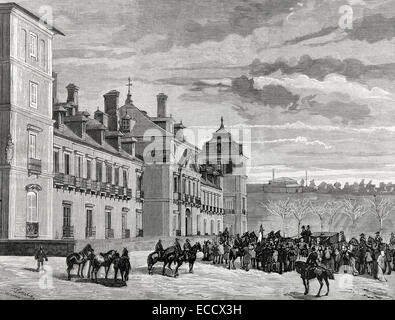 Alfonso XII von Spanien (1857-1885) und die Königin Gemahlin Maria Christina von Österreich (1857 – 1885), Ankunft am königlichen Palast von El Pardo. Kupferstich von Rico. La Ilustracion Espanola y Americana, 1879. Stockfoto