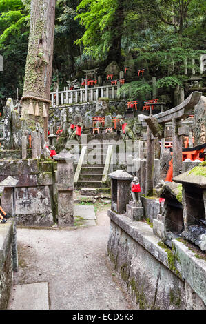 Shinto-Friedhof am Schrein von Fushimi Inari-taisha, Kyoto, Japan, mit magischen Kitsune (Füchse) und Opfergaben von roten Torii-Miniaturtoren Stockfoto