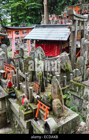 Shinto-Friedhof am Schrein von Fushimi Inari-taisha, Kyoto, Japan, mit magischen Kitsune (Füchse) und Opfergaben von roten Torii-Miniaturtoren Stockfoto