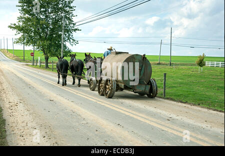 Amische Pferd und Wagen Abschleppen einen Tank von Abfällen auf Landstraße in Lancaster County. Stockfoto