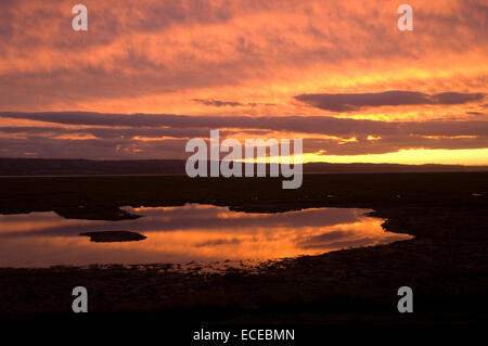 Vereinigtes Königreich, England, Cheshire, Parkgate Sonnenuntergang im Winter, Reflexionen der Einstellung Stockfoto