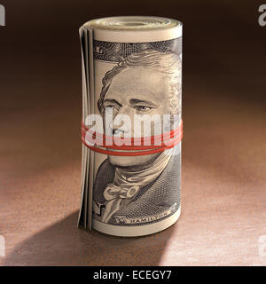 Geld Rollen mit elastischen Würgen den Mund von Alexander Hamilton. Stockfoto