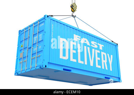 Schnelle Lieferung - blaue hängende Cargo-Container. Stockfoto