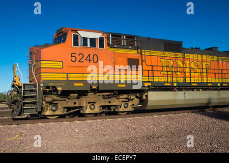 Markante orange und gelb Burlington Northern Santa Fe lok Güterzug. 5240 Auf den Spuren an der Stadt der Nadeln Stockfoto