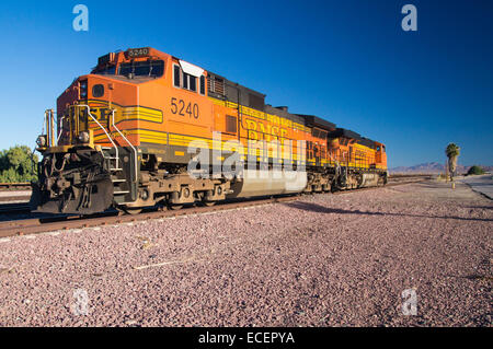 Markante orange und gelb Burlington Northern Santa Fe lok Güterzug. 5240 Auf den Spuren an der Stadt der Nadeln Stockfoto